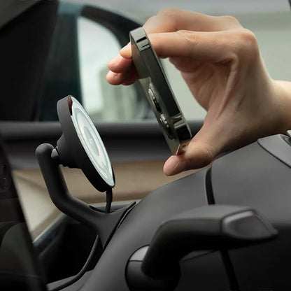 Tesla Model 3 / Model Y / Highland / Juniper / Cybertruck Wireless Charging Phone Mount with OBD-II Power Supply – 15W MagSafe Magnetic Car Holder for Steering Wheel Column Installation