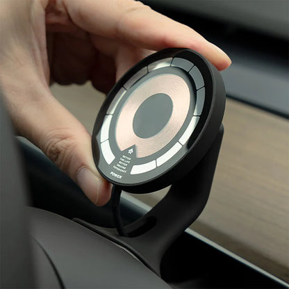 Tesla Model 3 / Model Y / Highland / Juniper / Cybertruck Wireless Charging Phone Mount with OBD-II Power Supply – 15W MagSafe Magnetic Car Holder for Steering Wheel Column Installation