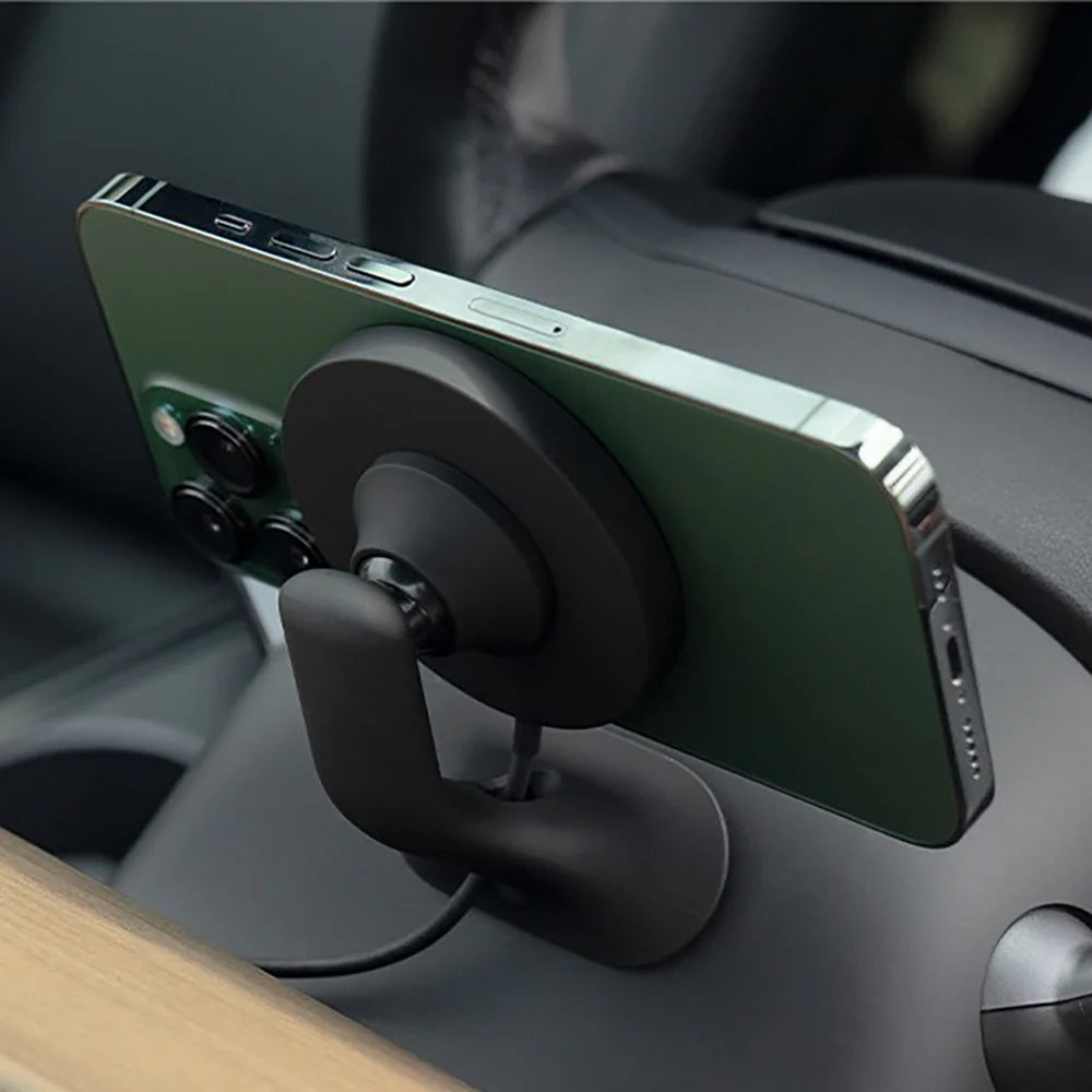 Tesla Model 3 / Model Y / Highland / Juniper / Cybertruck Wireless Charging Phone Mount with OBD-II Power Supply – 15W MagSafe Magnetic Car Holder for Steering Wheel Column Installation