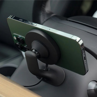 Tesla Model 3 / Model Y / Highland / Juniper / Cybertruck Wireless Charging Phone Mount with OBD-II Power Supply – 15W MagSafe Magnetic Car Holder for Steering Wheel Column Installation