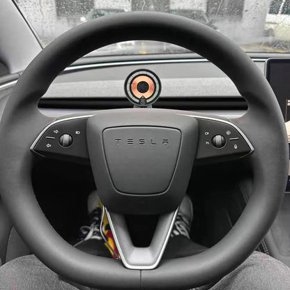 Tesla Model 3 / Model Y / Highland / Juniper / Cybertruck Wireless Charging Phone Mount with OBD-II Power Supply – 15W MagSafe Magnetic Car Holder for Steering Wheel Column Installation