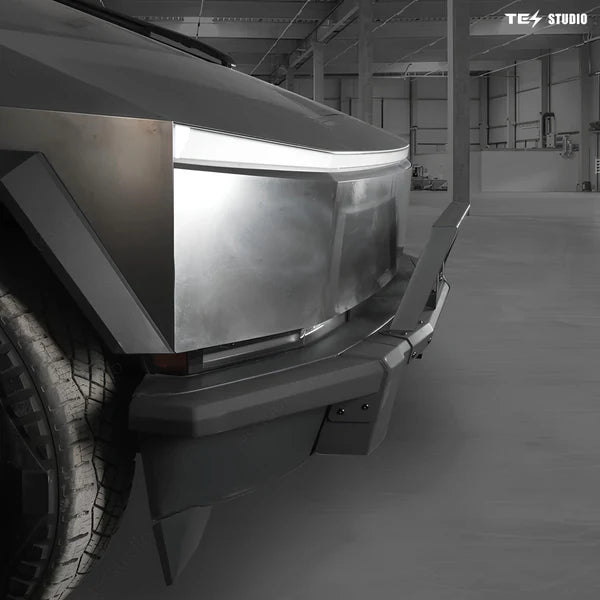 Tesla Cybertruck Steel Front Bumper with Black Texture | 5 MPH Impact-Rated Off-Road Protection & Futuristic Cyberpunk Design