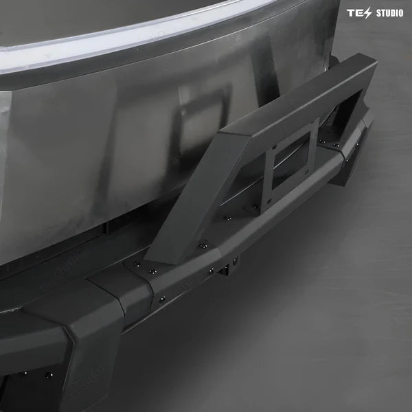 Tesla Cybertruck Steel Front Bumper with Black Texture | 5 MPH Impact-Rated Off-Road Protection & Futuristic Cyberpunk Design