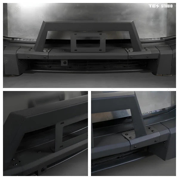 Tesla Cybertruck Steel Front Bumper with Black Texture | 5 MPH Impact-Rated Off-Road Protection & Futuristic Cyberpunk Design