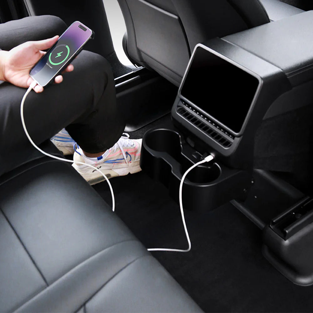 Rear Cup Holder & Center Console Organizer for 2024+ Tesla Model 3 Highland & 2026+ Tesla Model Y Juniper | Vent-Mounted Foldable Storage Tray with Cup Holders, Cable Management & Interior Protection