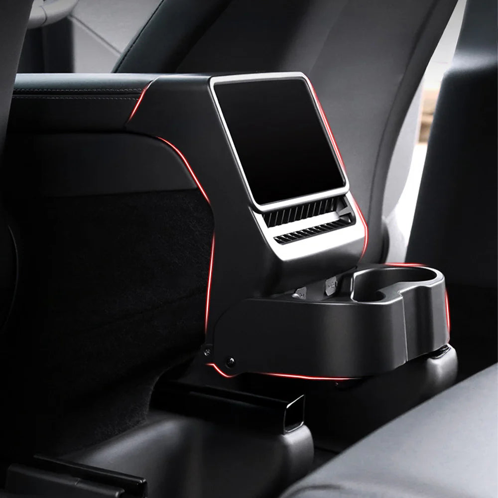 Rear Cup Holder & Center Console Organizer for 2024+ Tesla Model 3 Highland & 2026+ Tesla Model Y Juniper | Vent-Mounted Foldable Storage Tray with Cup Holders, Cable Management & Interior Protection