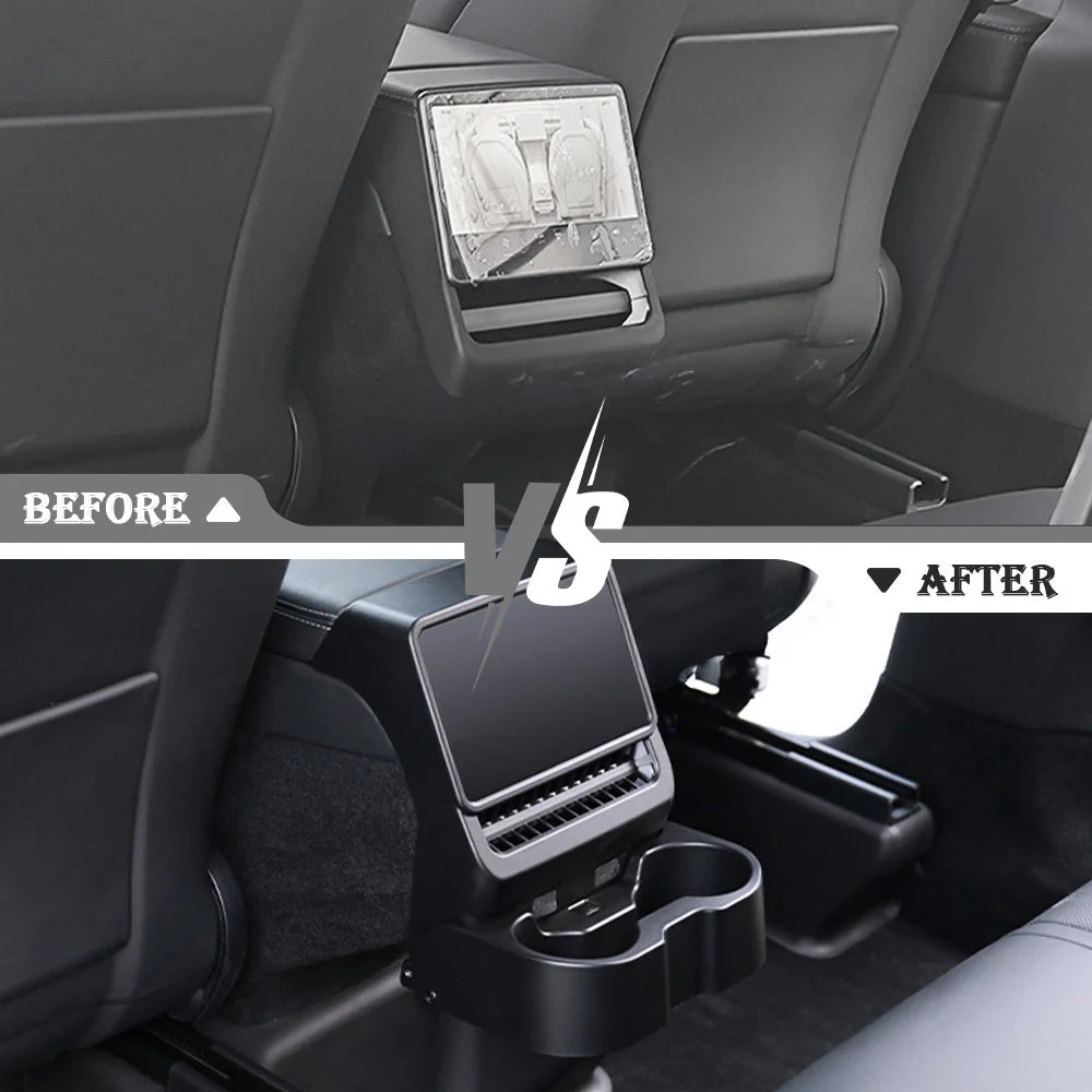Rear Cup Holder & Center Console Organizer for 2024+ Tesla Model 3 Highland & 2026+ Tesla Model Y Juniper | Vent-Mounted Foldable Storage Tray with Cup Holders, Cable Management & Interior Protection
