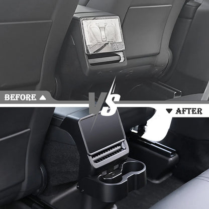 Rear Cup Holder & Center Console Organizer for 2024+ Tesla Model 3 Highland & 2026+ Tesla Model Y Juniper | Vent-Mounted Foldable Storage Tray with Cup Holders, Cable Management & Interior Protection