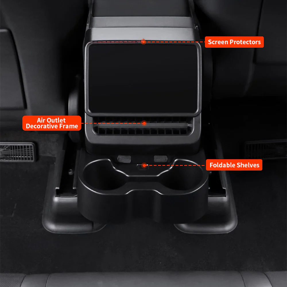Rear Cup Holder & Center Console Organizer for 2024+ Tesla Model 3 Highland & 2026+ Tesla Model Y Juniper | Vent-Mounted Foldable Storage Tray with Cup Holders, Cable Management & Interior Protection
