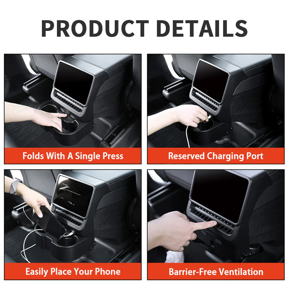 Rear Cup Holder & Center Console Organizer for 2024+ Tesla Model 3 Highland & 2026+ Tesla Model Y Juniper | Vent-Mounted Foldable Storage Tray with Cup Holders, Cable Management & Interior Protection