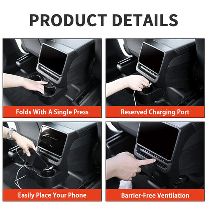 Rear Cup Holder & Center Console Organizer for 2024+ Tesla Model 3 Highland & 2026+ Tesla Model Y Juniper | Vent-Mounted Foldable Storage Tray with Cup Holders, Cable Management & Interior Protection