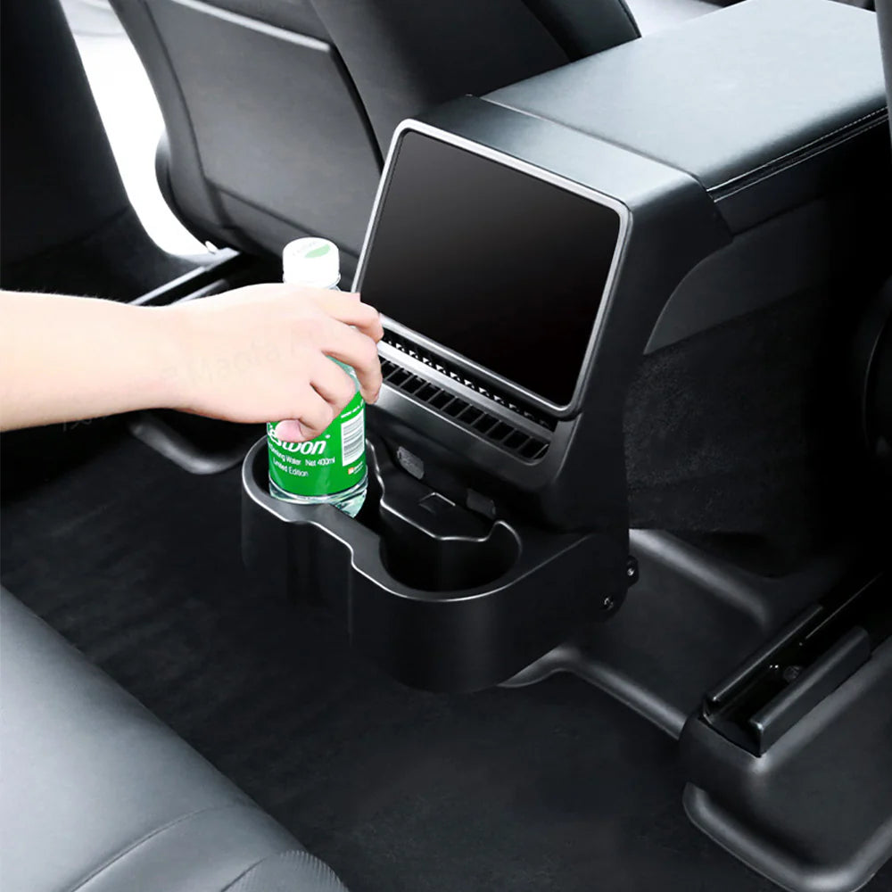 Rear Cup Holder & Center Console Organizer for 2024+ Tesla Model 3 Highland & 2026+ Tesla Model Y Juniper | Vent-Mounted Foldable Storage Tray with Cup Holders, Cable Management & Interior Protection