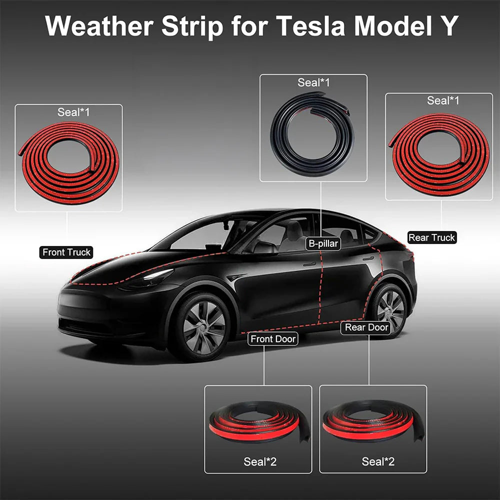 Full Vehicle Wind Noise Reduction Rubber Seal Kit for Tesla Model 3 (2021–2026 Highland) & Model Y (2020–2026 Juniper) – Door, B/C Pillar, Trunk & Frunk Weatherstrip Set, Self-Adhesive EPDM Soundproofing Upgrade