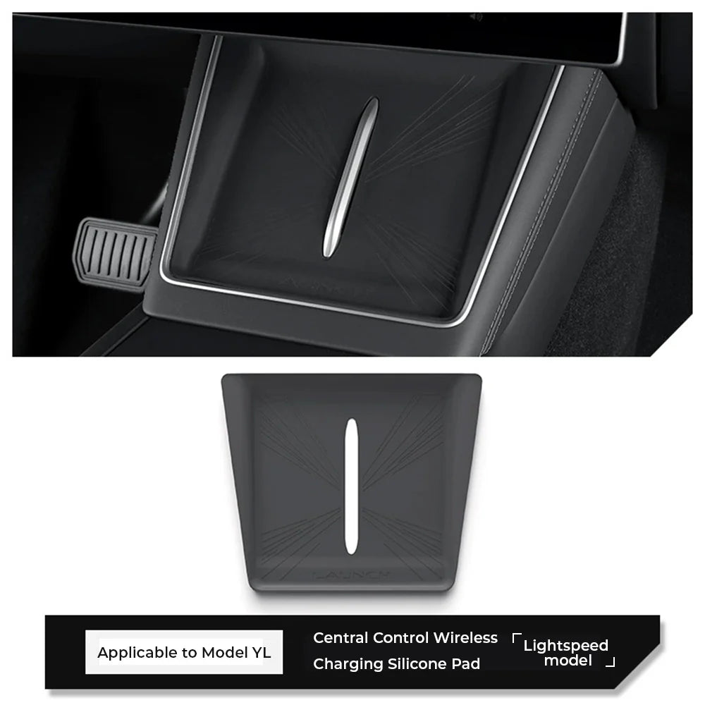 Tesla Model Y L (6-Seater) Wireless Charging Dock Liner 2026+ – Performance Style Silicone Anti-Slip Charging Pad Insert with Center Cutout Vent Design, OEM Fit Interior Protection Accessory