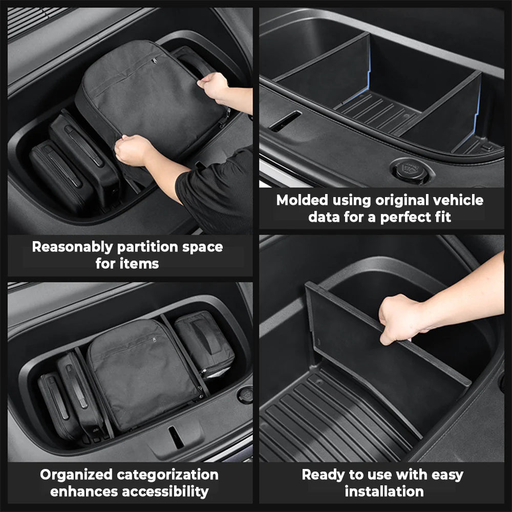 2026+ Tesla Model Y Juniper Front Trunk Organizer – Custom Waterproof Frunk Storage Divider for Long Range & Performance | Multi-Compartment PP Cargo Organizer with Easy Clip-In Installation