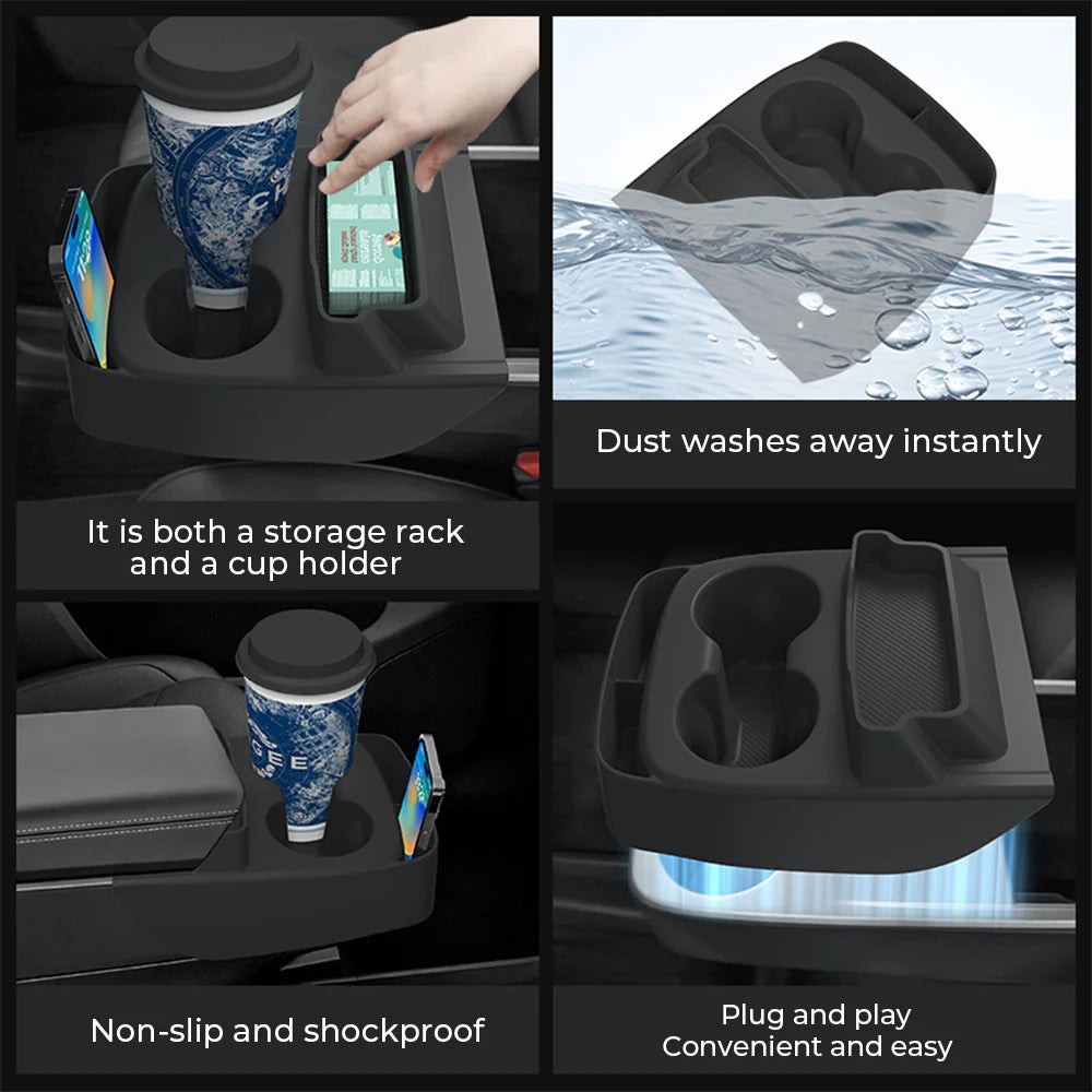 Tesla Model Y 2026+ Standard Center Console Silicone Cup Holder Insert with Glasses Slot & Storage Compartments – Non-Slip One-Piece Organizer for Tesla Model Y Standard Interior