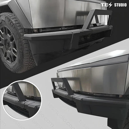 Tesla Cybertruck Steel Front Bumper with Black Texture | 5 MPH Impact-Rated Off-Road Protection & Futuristic Cyberpunk Design