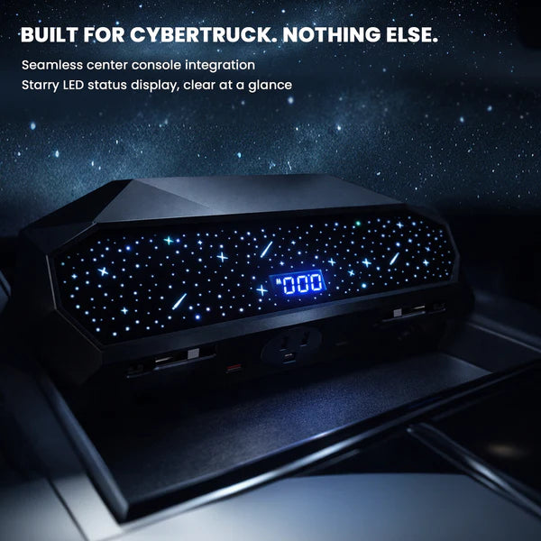 Center Console USB Charger Hub 2.0 for Tesla Cybertruck (2024+) | 110V AC Power Outlet, 30W PD Fast Charging, QC3.0, USB-A & USB-C Ports, Retractable Cables, Seamless OEM Integration