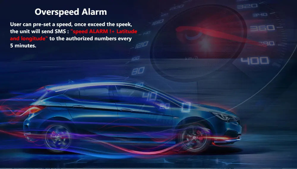 The 12V Overspeed Alarm S0 sends SMS alerts for speeds exceeded, including GPS coordinates.