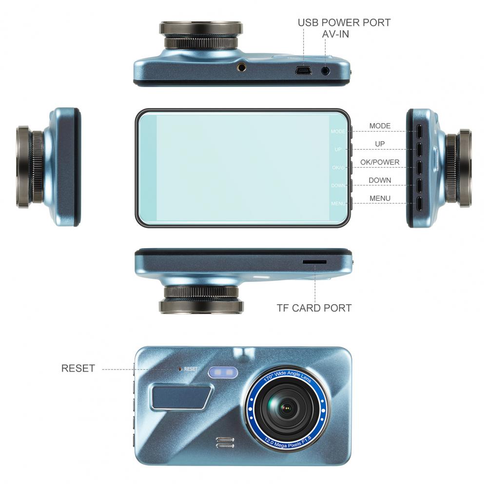 The Auto Dash Cam features a USB port, AV-in mode, menu system, reset button, and supports recording to a TF card.