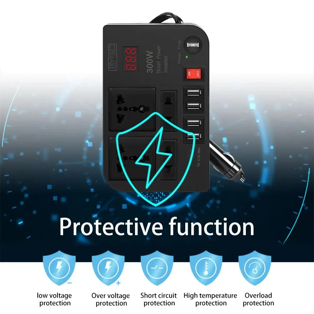 The DPS 300W inverter has multiple protections including low voltage, over-voltage, short-circuit, high temperature, and overload protection for safe power conversion.