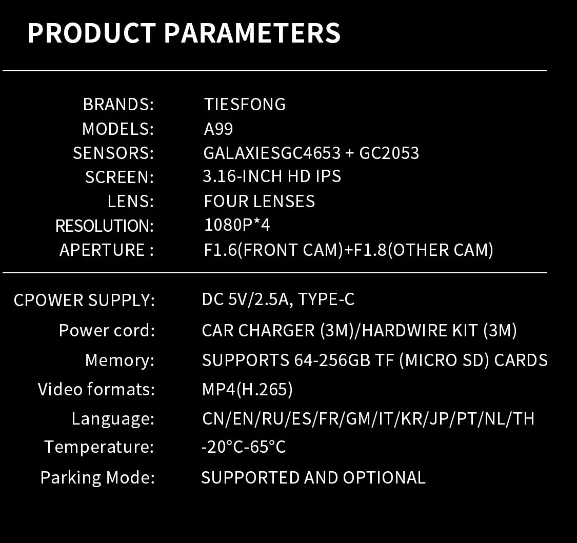 The FONDIM A99 Car Dash Cam features a GALAXY sensor, 3.16-inch HD screen, and four lenses with 1080P resolution.