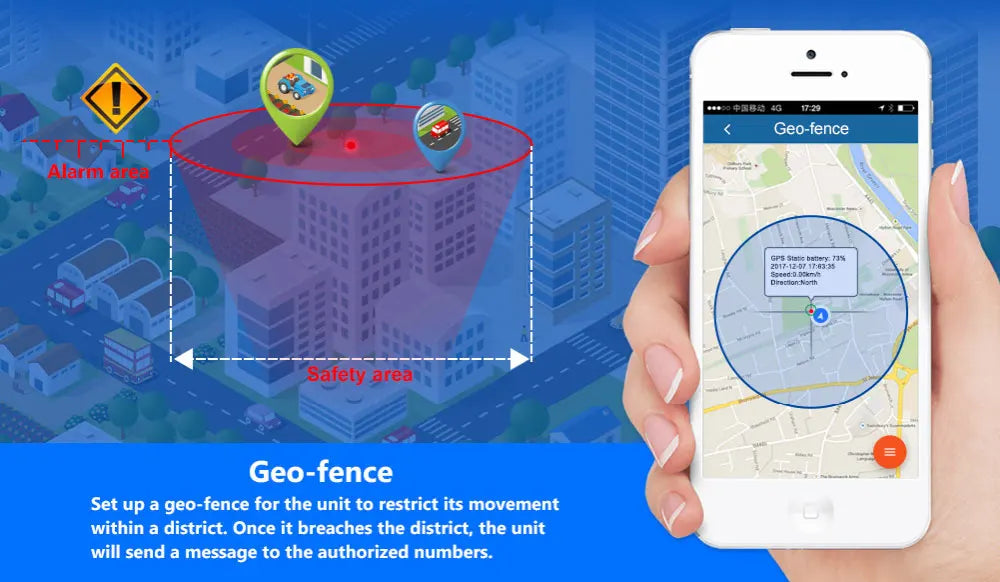 The FaraG GPS Tracker has a Geo-fence feature that sets a safety area and sends alerts if breached.