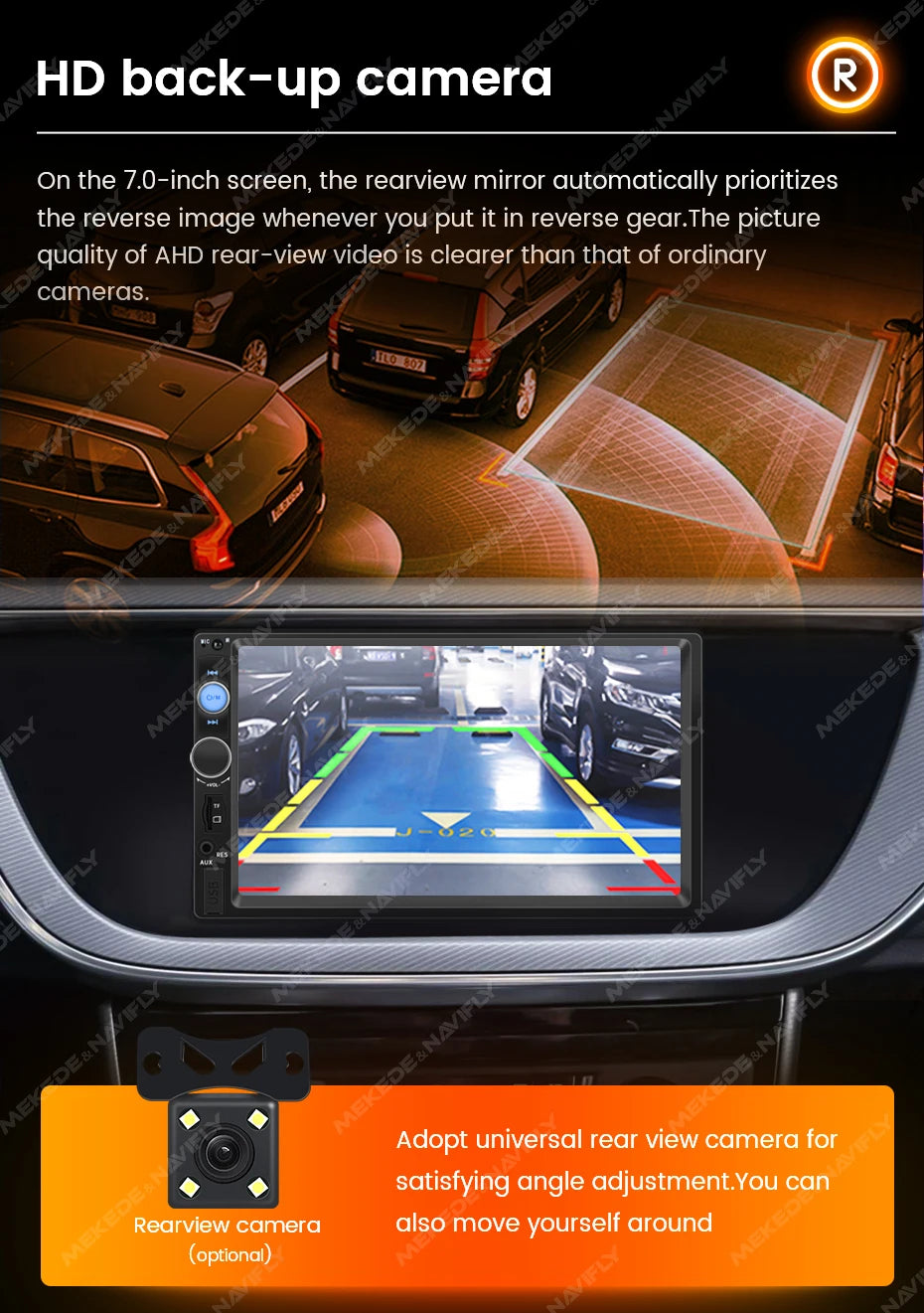 The HD backup camera provides a clear image on its 7.0-inch screen during reverse mode with enhanced picture quality.