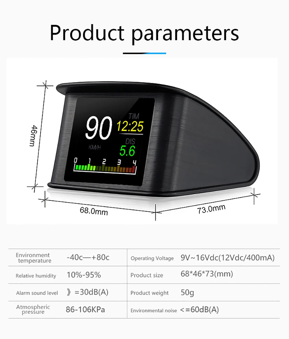 The Hud OBD2 GPS product has various features such as screen size, antenna count, and operating range.