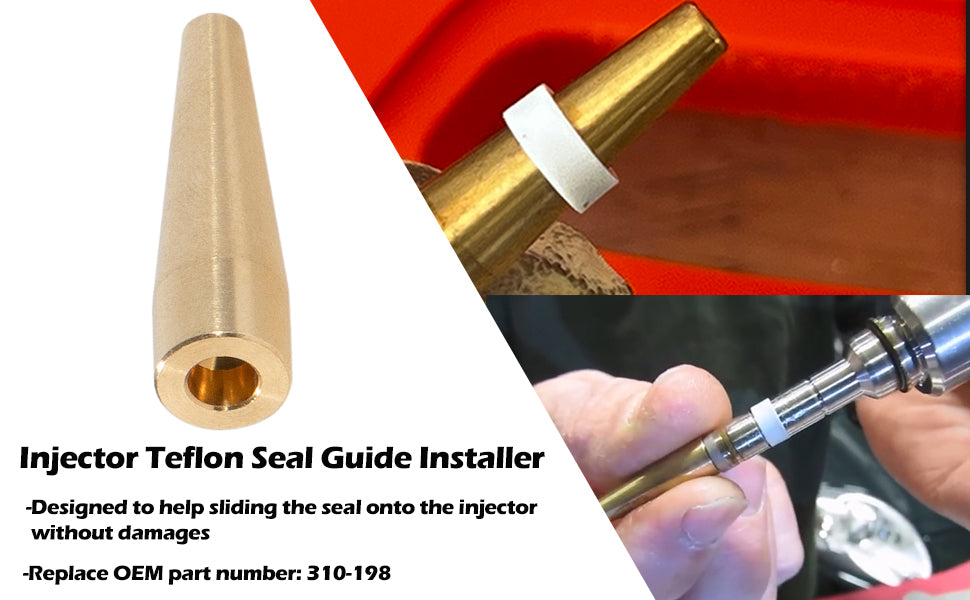 The Injector Teflon Seal Guide Installer helps install the seal on the injector without damaging it, replacing OEM part number 310198.