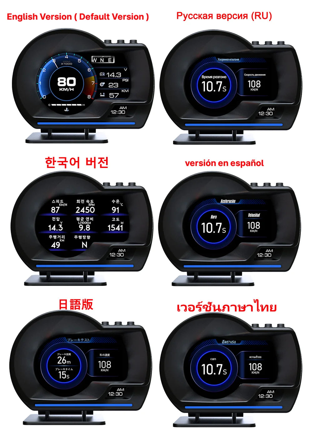 The Pyrocar V60 OBD HUD device provides real-time vehicle data and diagnostics, featuring a powerful motor and supporting multiple languages.