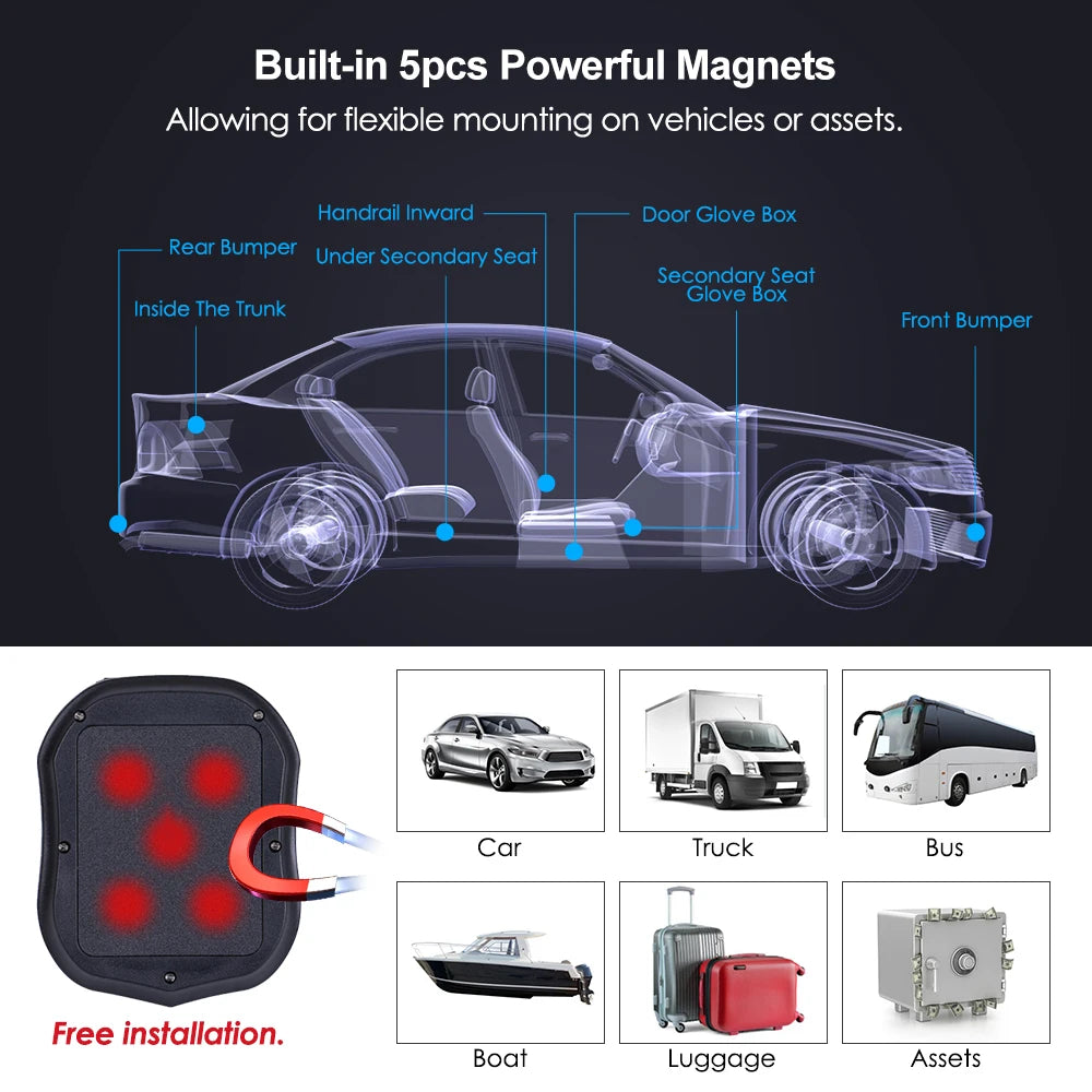 The TKSTAR TK905 GPS Tracker has powerful magnets for flexible mounting on vehicles or assets.