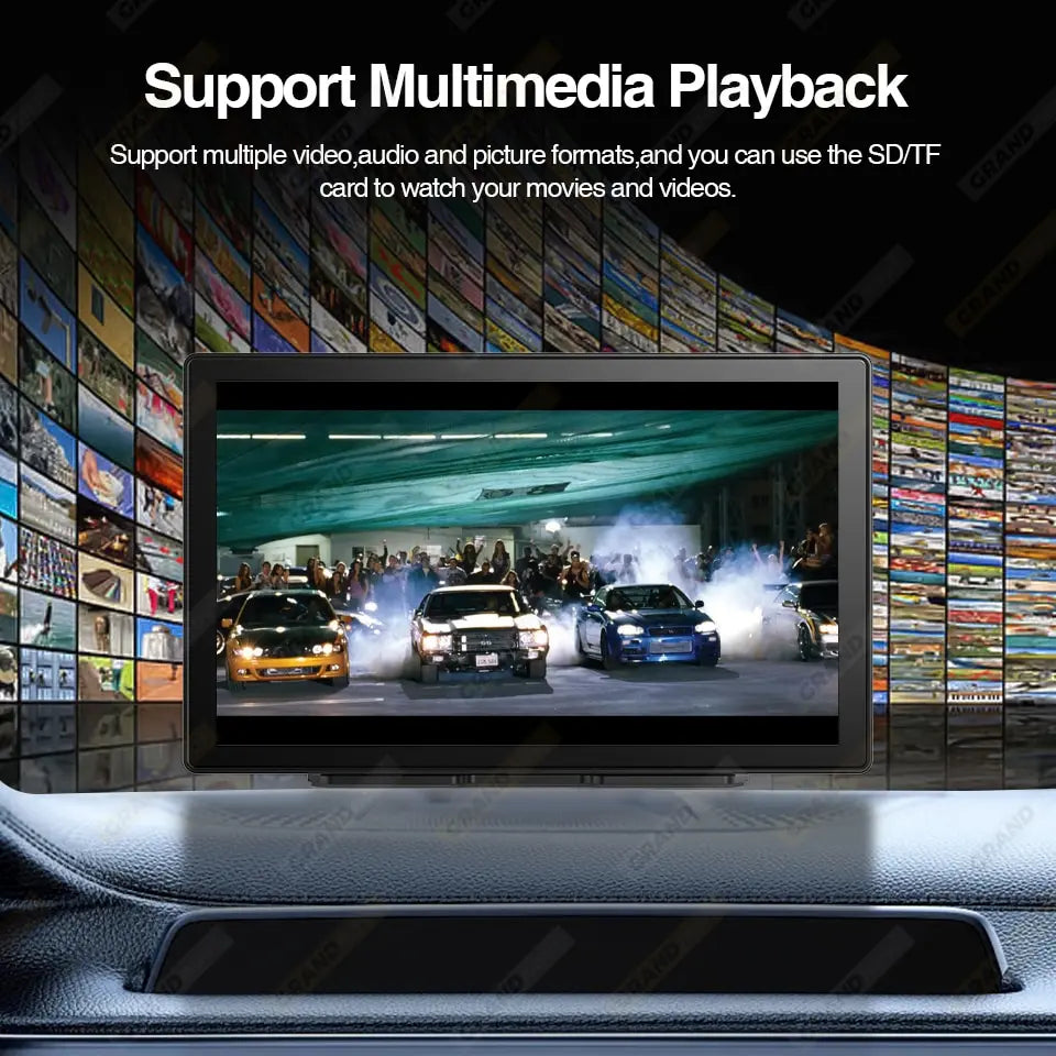 The Universal 9 Car Media product plays various media formats, including videos and pictures, using an SD card for portable entertainment.