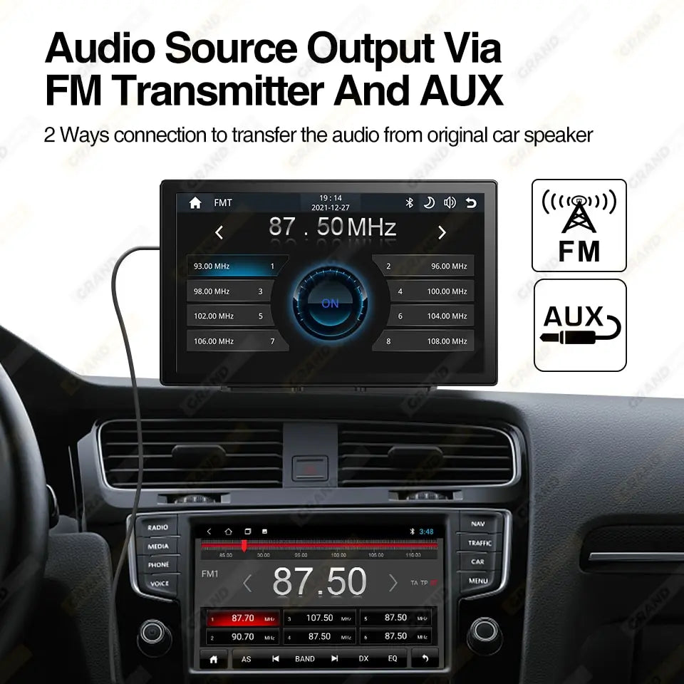 The Universal Car Radio transmits audio via FM transmitter and AUX connection, with multiple frequency modes and frequencies.