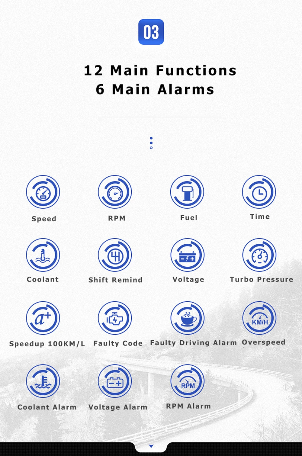 The Vjoycar HUD product displays speed, RPM, fuel consumption time, coolant temperature, shift reminder, voltage, turbo pressure, and various alarms.