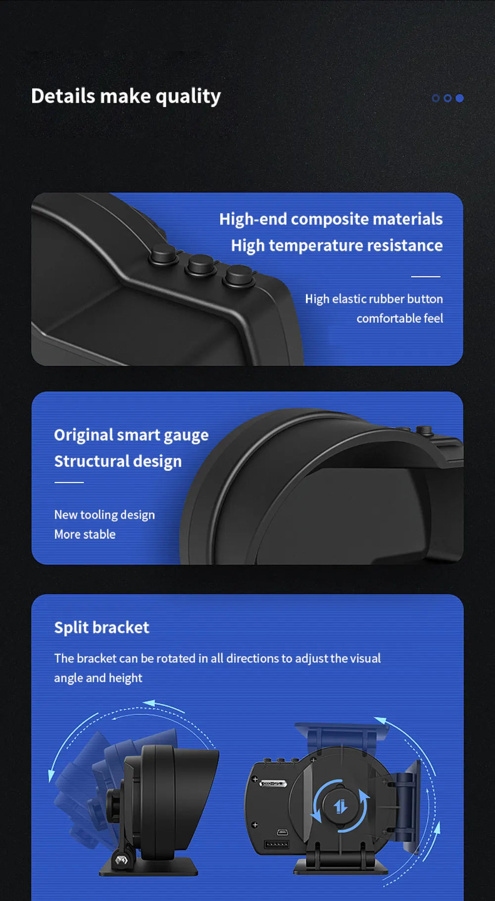 The Vjoycar V60 HUD features high-end materials, high temperature resistance, and ergonomic buttons.