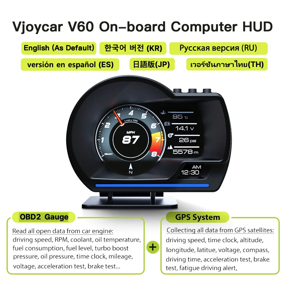 The Vjoycar V60 on-board computer has a HUD display with multiple languages and features for GPS, engine data collection, and driving analytics.