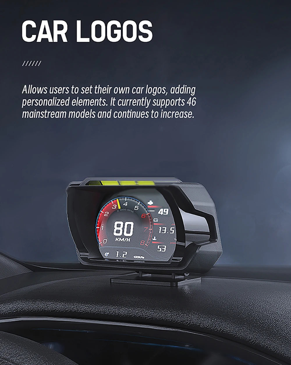 The Vjoycar V80 HUD product has CAR LOGOS that can be customized with personal elements, supporting 46 mainstream car models.