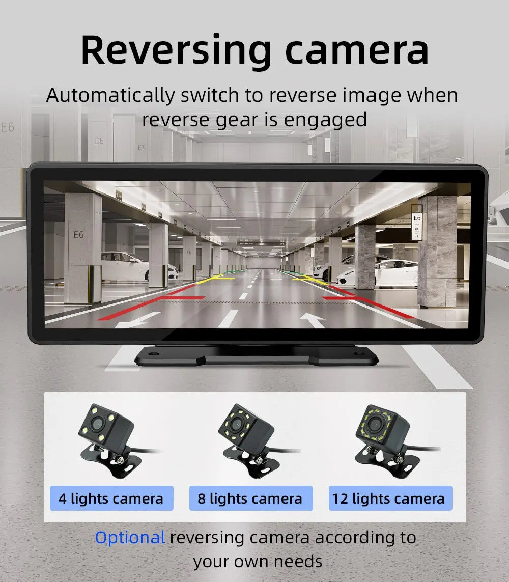 The universal 10.26 car radio features an automatic reversing camera and LED indicators for multiple cameras.
