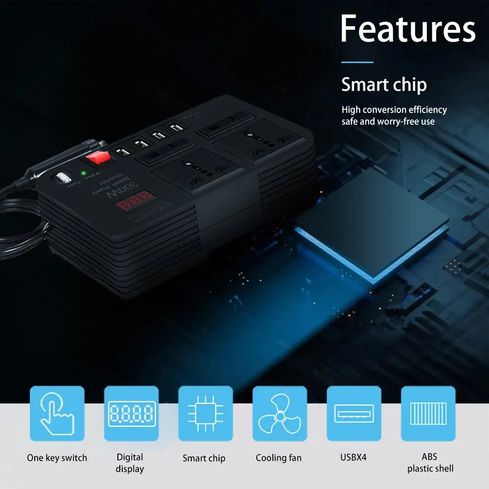 This inverter has a Smart Chip, high conversion efficiency, and one-switch operation for safe use, supporting USB charging of up to 4 devices.