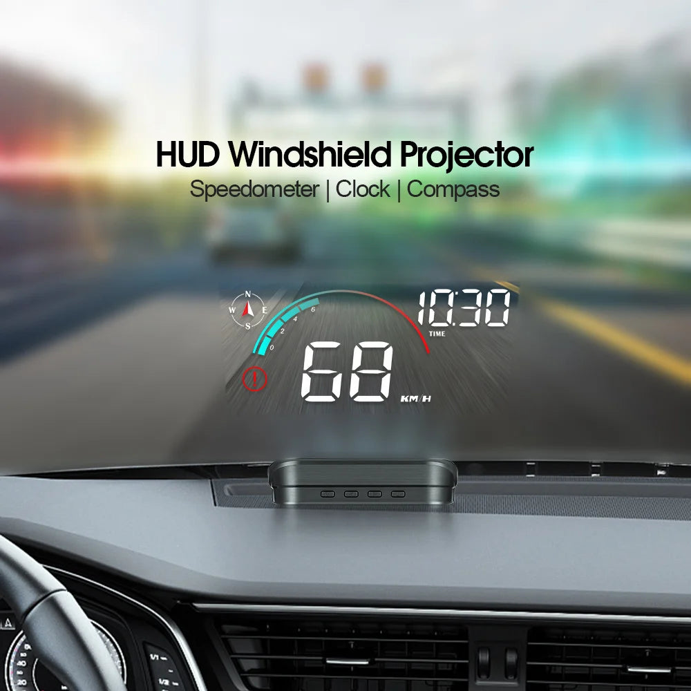 This product displays a HUD windshield projector featuring a speedometer, clock, compass, and time display with a speed limit of 68 km/h.