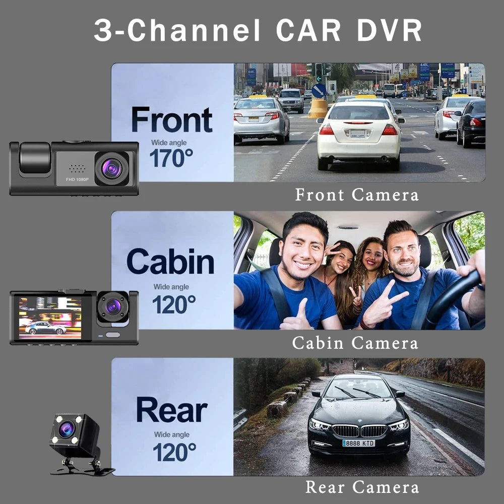 Three-channel car dash cam features FHD resolution, with wide-angle front, cabin, and rear cameras for enhanced recording.