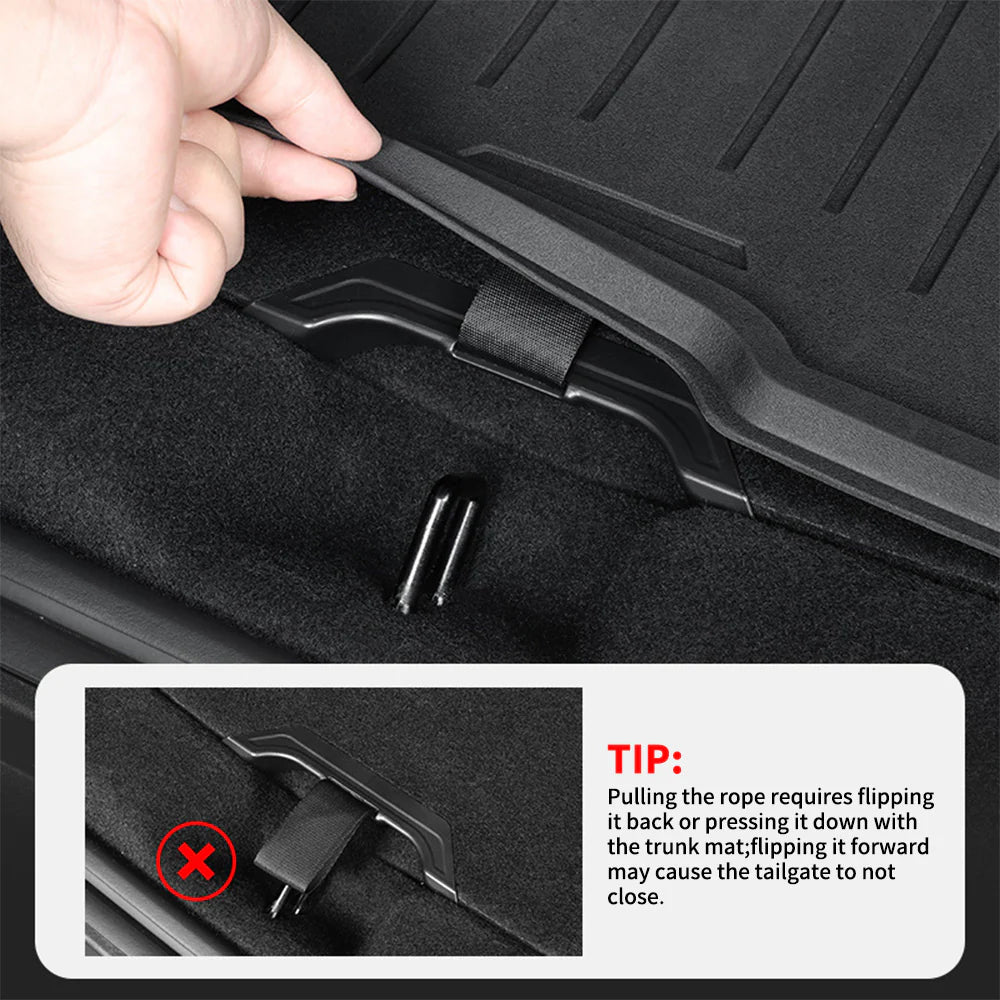 2025+ Tesla Model Y Juniper Sub Trunk Pull Strap Handles – Hidden Storage Access Pull Tabs for Front & Rear Underfloor Compartments | No-Drill ABS & Velcro Installation