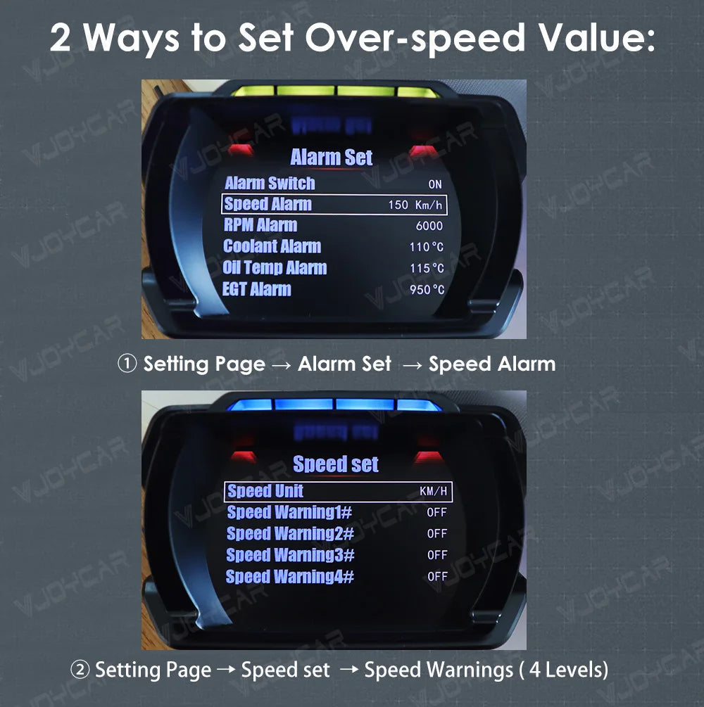 Two ways to set over-speed value: auto alarm and manual speed setting with alarm switch ON.