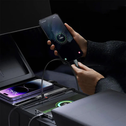 USB Hub Docking Station for Tesla Model 3 Highland 2024+ & Tesla Model Y Juniper 2025+ – Center Console USB Expansion Hub with PD 65W Fast Charging, Dual Retractable Type-C Cables, Multi-Device Charging Dock