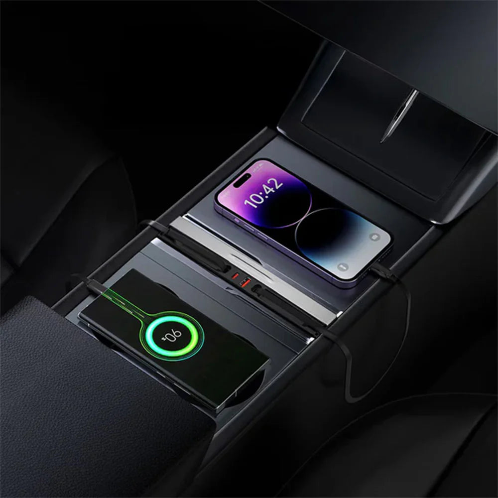 USB Hub Docking Station for Tesla Model 3 Highland 2024+ & Tesla Model Y Juniper 2025+ – Center Console USB Expansion Hub with PD 65W Fast Charging, Dual Retractable Type-C Cables, Multi-Device Charging Dock