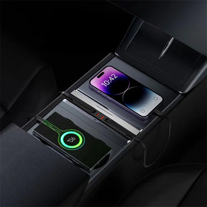 USB Hub Docking Station for Tesla Model 3 Highland 2024+ & Tesla Model Y Juniper 2025+ – Center Console USB Expansion Hub with PD 65W Fast Charging, Dual Retractable Type-C Cables, Multi-Device Charging Dock