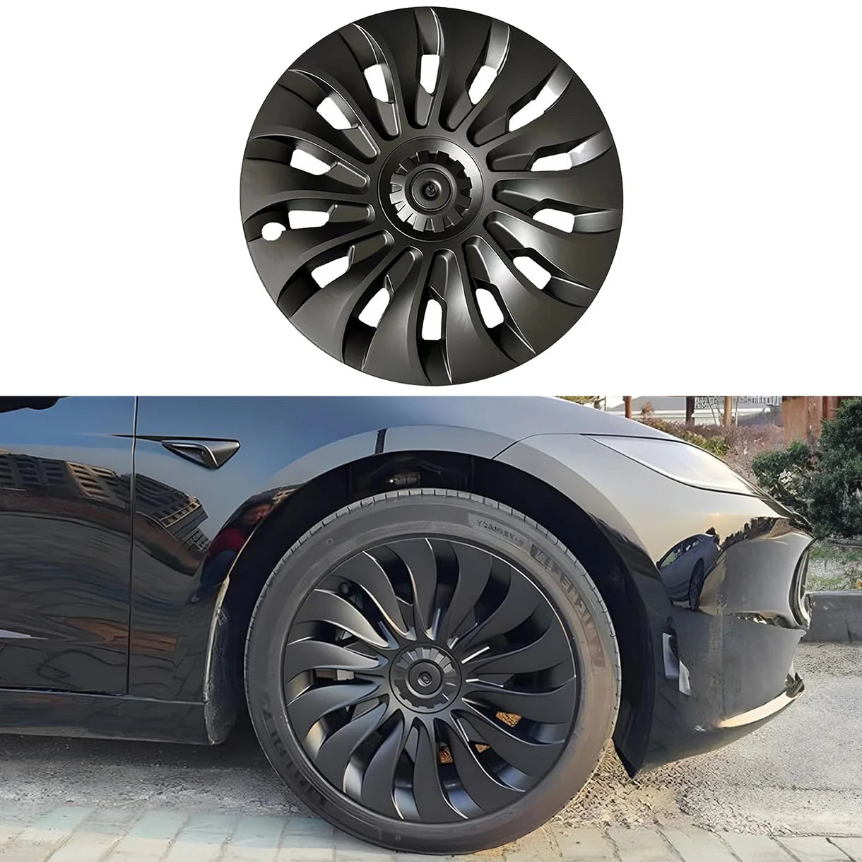 UberTurbine 18-Inch Wheel Cover Single Replacement for Tesla Model 3 Highland 2024+ (Photon Wheels Only) – Aerodynamic 14-Spoke Design, PC-ABS Durable Rim Protector, Satin & Gloss Black Options