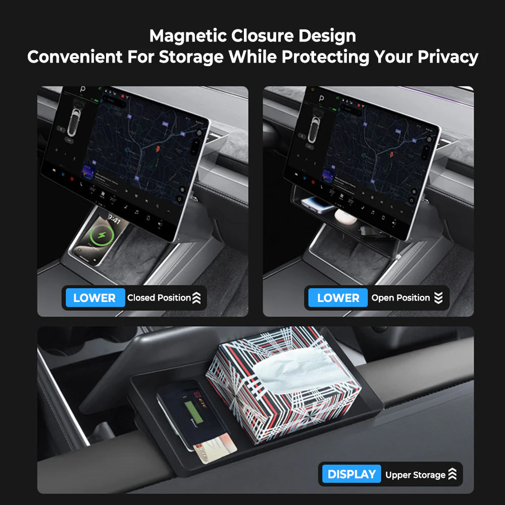 Under Screen Storage Organizer Tray for Tesla Model 3 Highland 2024+ & Model Y Juniper 2026+ – Center Display Hidden Storage Box with Anti-Slip Mat, No-Drill Interior Organizer