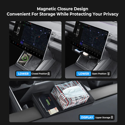 Under Screen Storage Organizer Tray for Tesla Model 3 Highland 2024+ & Model Y Juniper 2026+ – Center Display Hidden Storage Box with Anti-Slip Mat, No-Drill Interior Organizer